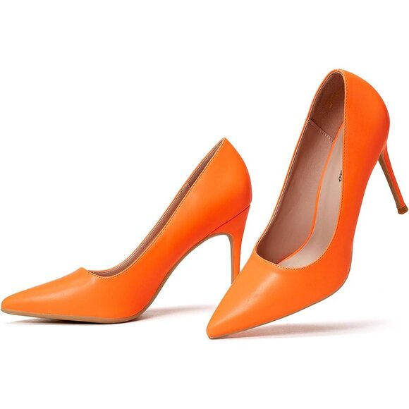 Women Orange Polyurethane Closed Pointed Toe Stiletto High Heel Shoes Pumps - Picture 5 of 9